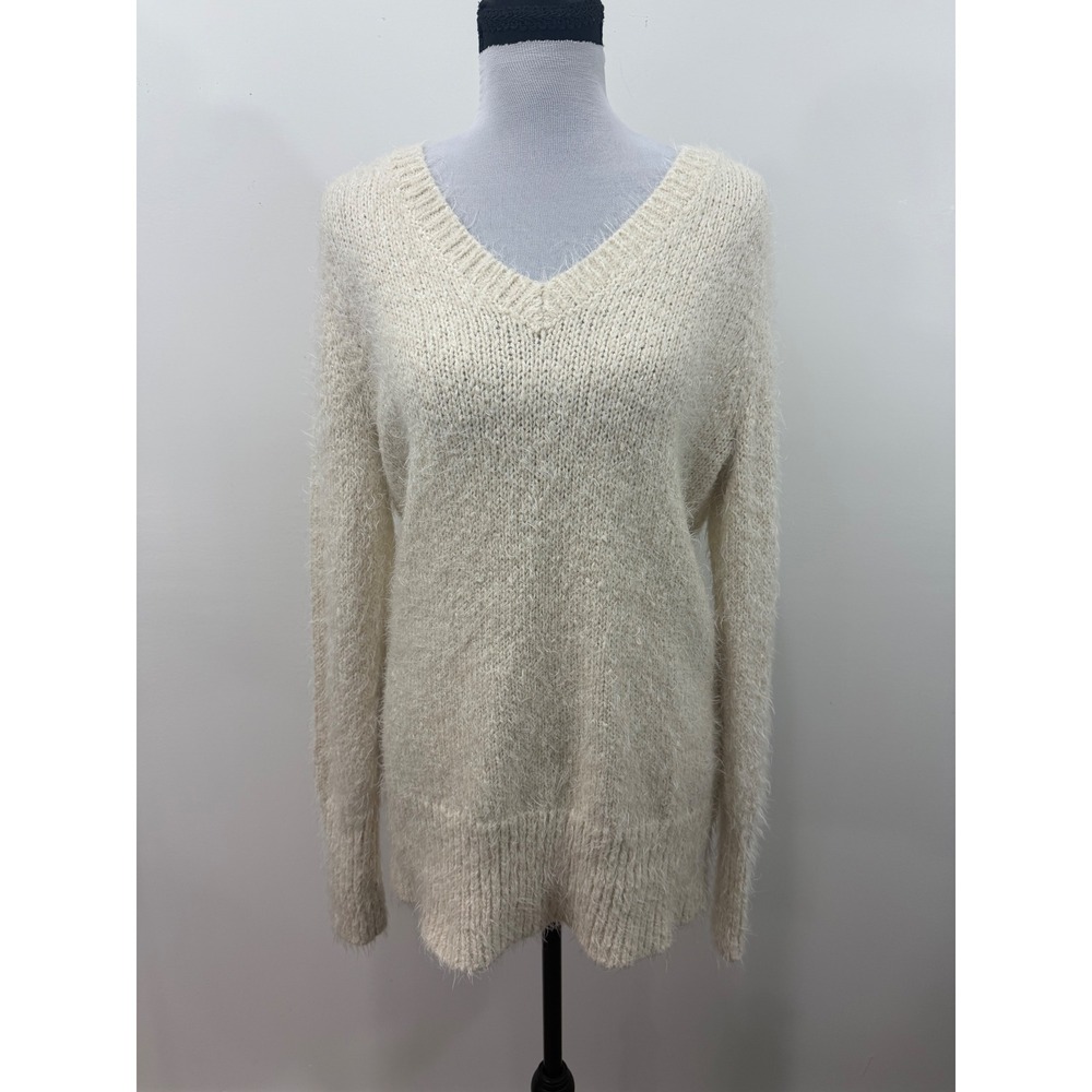 Abercrombie & Fitch Cream Fuzzy Eyelash V-Neck Metallic Shimmer Sweater Large